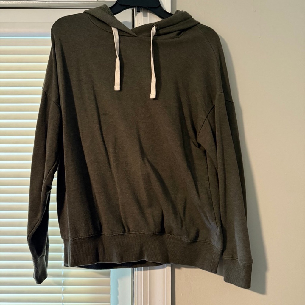 Olive Green Hoodie With Cream Drawstrings